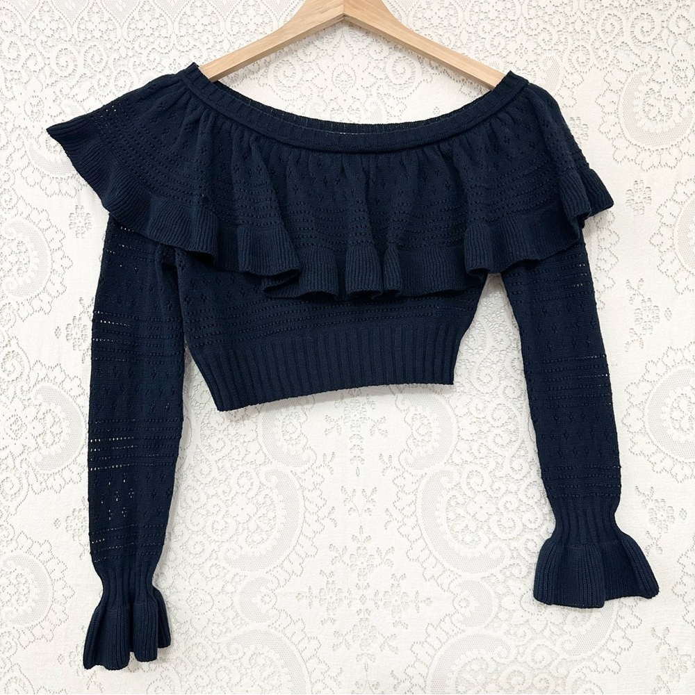 LoveShackFancy Rory Off the Shoulder Knit Ruffle Sweater - Picture 7 of 15